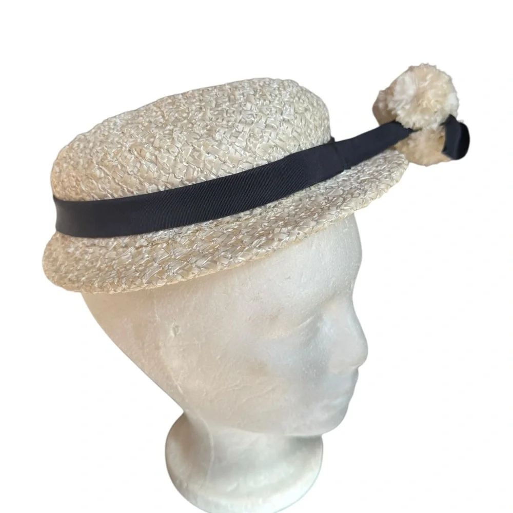 1940s/50s Dolly Madison‎ Raffia Straw Hat w/Pompom Embellishment & Black Ribbon - Picture 4 of 7